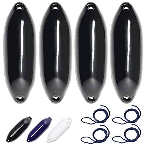 HonuNautic 4er Set Fender incl. Fenderleinen | U-Serie | Farbe: Schwarz | Größe: Ø 12 x L 40 cm | Boot & Yacht Stegfender, Langfender von HonuNautic