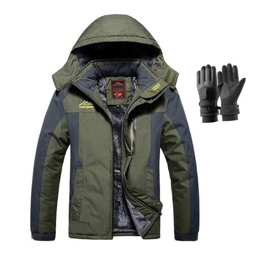 HonunGron Skijacke Herren mit Skihandschuhen Warme Winterjacke Gefüttert Verdickt Skijacke Outdoor Winddicht Jacke Funktionsjacke Sweatjacke mit Abtrennbarer Kapuze (XL,Armee Grün) von HonunGron