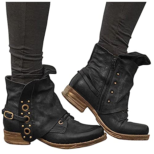 Hotberry Damen Stiefeletten Ankle Boots Retro Western Cowboy Stiefel Lederstiefel Halbschaft Low Heel Schlupfstiefel Kurze Frauen Herbst Winter Komfort Schnürstiefel Stiefel, Schwarz, (36 EU) von Hotberry