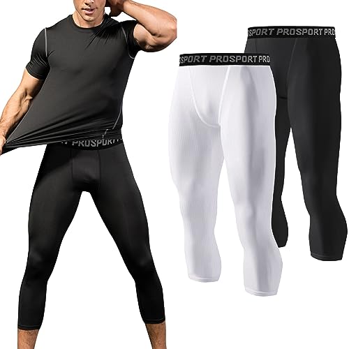 Hotfiary 2 Pack Herren 3/4 Kompressions Hosen Leggings Sportstrumpfhosen Sportlicher Baselayer Workout Laufsport Yoga Basketball Fitness Hosen Schnell trocken von Hotfiary