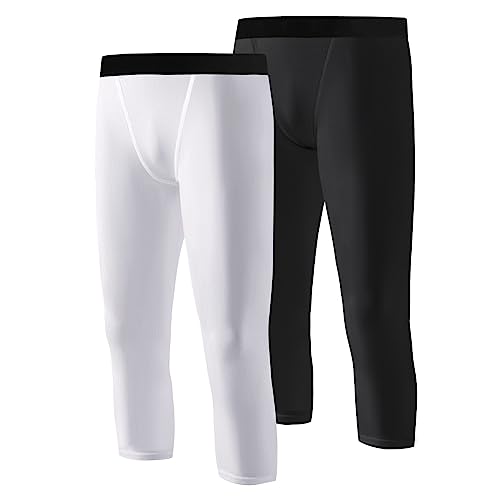 Hotfiary 2 Pack Jugend Jungen Kompression Basisschicht, Kinder 3/4 Länge Basketball Fußball Leggings Strumpfhosen Hose, sportliche Sport Laufen Strumpfhosen Bottoms für 6-14 Jahre, Schnell Trocken von Hotfiary