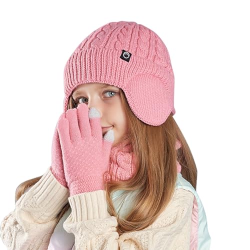 Hotfiary 3 Stück Kinder Winter Mütze Mütze Handschuhe Schal Set, thermische Stricken häkeln Wintermütze mit Ohrenschützer & Halswärmer & Fäustlinge für Jungen Mädchen, weiches Fleece-Futter dicken von Hotfiary