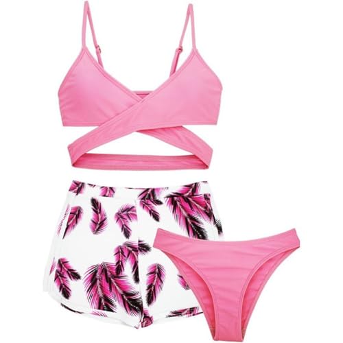 Hotfiary 3-teilige Mädchen Badeanzüge Tropischer Druck Criss-Cross Bikini Sets mit Shorts Große Mädchen Bademode Sommer Badeanzug für Mädchen Badeanzug Sets 8-14Y von Hotfiary