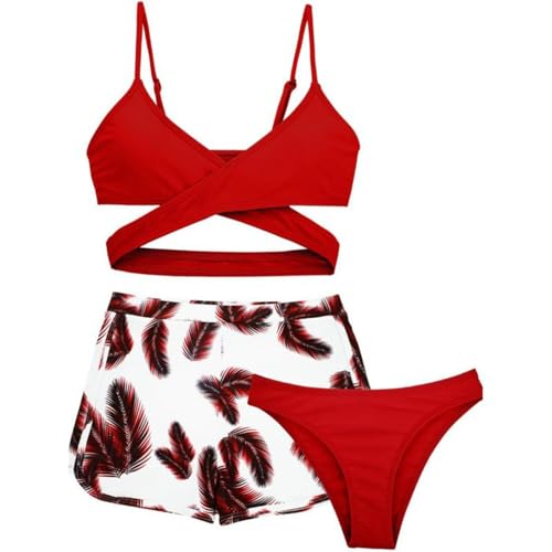 Hotfiary 3-teilige Mädchen Badeanzüge Tropischer Druck Criss-Cross Bikini Sets mit Shorts Große Mädchen Bademode Sommer Badeanzug für Mädchen Badeanzug Sets 8-14Y von Hotfiary