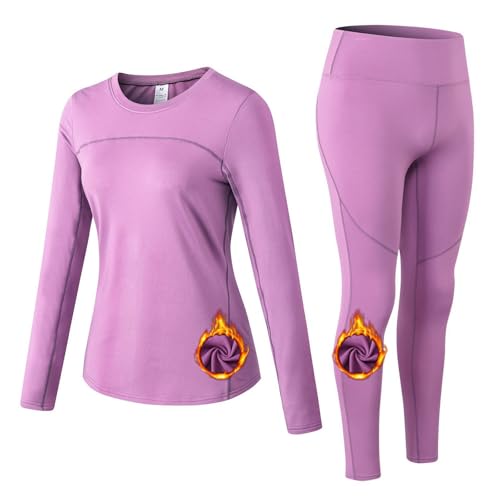 Hotfiary Damen Thermo Unterwäsche, Fleece gefütterte Langarm Tops Shirts & warme Leggings Set, Ladies Winter Long Johns Sportliche Basisschicht & Yoga Hosen mit Tasche zum Laufen, Skifahren, Radfahre von Hotfiary