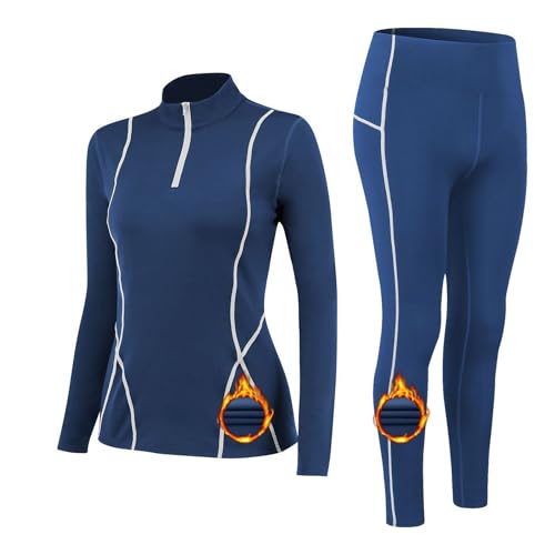 Hotfiary Damen Thermo Unterwäsche Set, Fleece gefüttert Half Zip Langarm Pullover Oberteil Shirt und warme Leggings Hose unten, Winter Ski Basis Schichten für Laufen Wandern Radfahren Yoga, Weich von Hotfiary