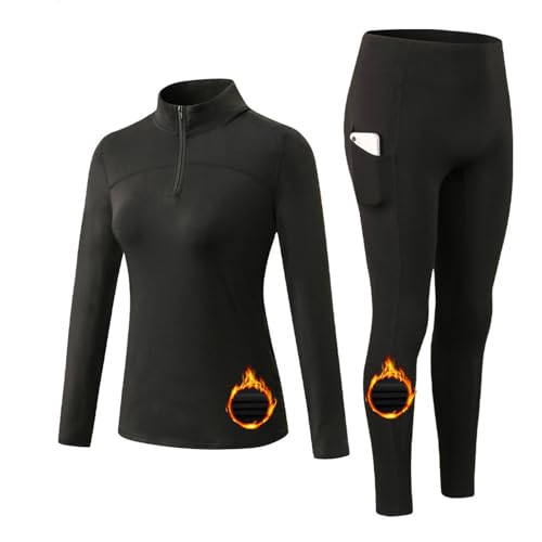 Hotfiary Damen Thermo Unterwäsche Set, Fleece gefüttert Half Zip Langarm Pullover Oberteil Shirt und warme Leggings Hose unten, Winter Ski Basis Schichten für Laufen Wandern Radfahren Yoga, Weich von Hotfiary