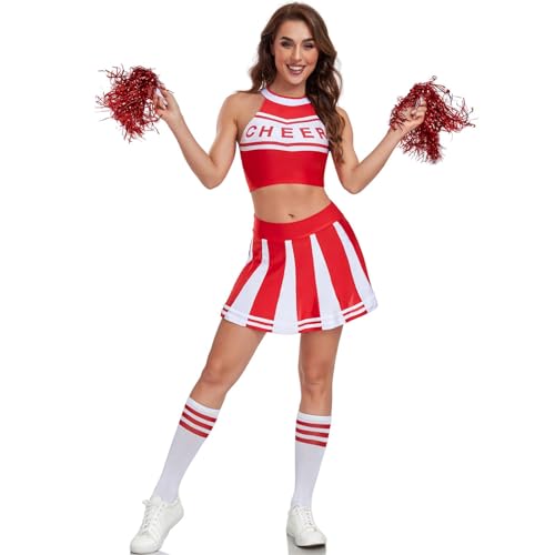 Hotfiary Frauen Cheerleader Uniform Outfits Cheerleading Kleid mit Cherleading Pom Poms und knielangen Socken 3-teilige Sets von Hotfiary
