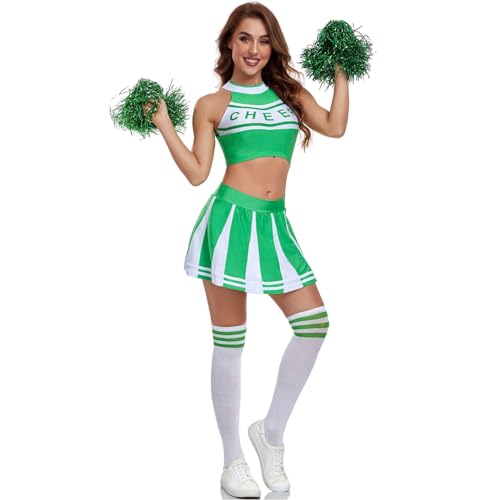Hotfiary Frauen Cheerleader Uniform Outfits Cheerleading Kleid mit Cherleading Pom Poms und knielangen Socken 3-teilige Sets von Hotfiary