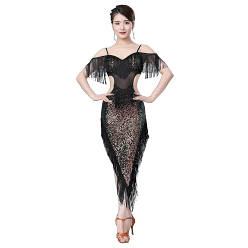 Hotfiary Frauen Flapper Pailletten Tanzkleid, Sexy aus Shoudler hoch geschnitten Hollow Out Taille Latein Quaste Kleid, 1920er Jahre Gatsby Ballroom Sling Rock, Salsa Tango Samba Cha Cha Rumba Dancewe von Hotfiary