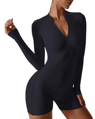 Hotfiary Frauen Yoga Jumpsuits lange Ärmel, ein Stück Romper Zip Up, Nahtlose Workout Bodysuit, All In One Gym Fitness Outfit dehnbar Sport Übung Bodycon Unitards für Frauen Tummy Control von Hotfiary