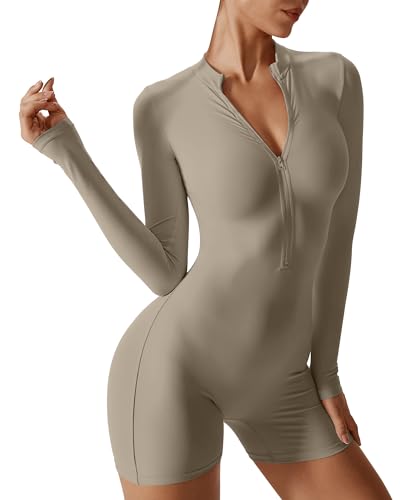 Hotfiary Frauen Yoga Jumpsuits lange Ärmel, ein Stück Romper Zip Up, Nahtlose Workout Bodysuit, All In One Gym Fitness Outfit dehnbar Sport Übung Bodycon Unitards für Frauen Tummy Control von Hotfiary