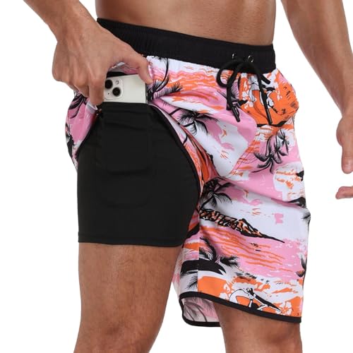 Hotfiary Herren Badehose, 2 in 1 Herren Badeshorts mit Kompressionseinlage, schnell trocknende Strandshorts, Dehnbare Boardshorts mit 3 Tasche und Kordelzug, Dehnbare Surfshorts für den Sommer von Hotfiary