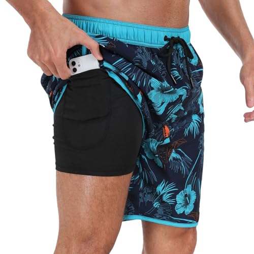 Hotfiary Herren Badehose, 2 in 1 Herren Badeshorts mit Kompressionseinlage, schnell trocknende Strandshorts, Dehnbare Boardshorts mit 3 Tasche und Kordelzug, Dehnbare Surfshorts für den Sommer von Hotfiary