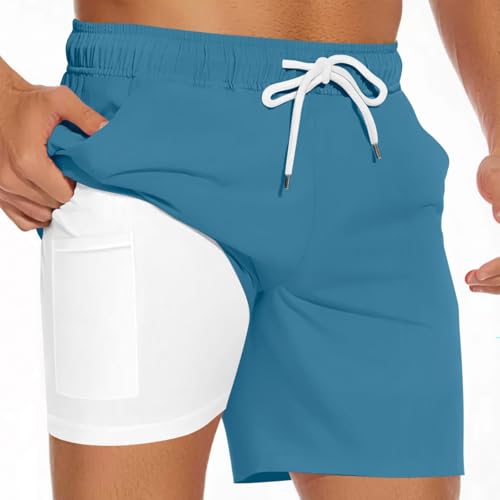 Hotfiary Herren Badehose mit Compression Liner, 2 in 1 Badeshorts mit Buntem Druck, schnell trocknende Strandshorts Surfshorts mit Kordelzug, Dehnbare Badehose mit Tasche von Hotfiary