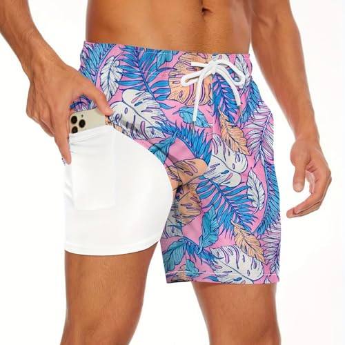 Hotfiary Herren Badehose mit Kompressionseinlage, 2 in 1 Schnell trocknende Schwimmshorts mit Tasche und Kordelzug, 7'' Innennaht Strand Shorts Badeanzug, Sommer Board Shorts Elastische Badeanzug UNT von Hotfiary