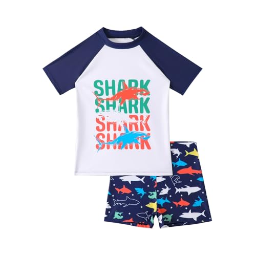 Hotfiary Jungen Schwimmen Kostüm, Kinder Zweiteilige Badeanzug Set, Rash Guard Weste mit Board Shorts, Kurzarm-Badeshirt mit Badeshorts, Hai Dinosaurier Bademode Badeanzug für 4-12 Jahre von Hotfiary