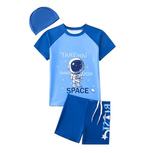 Hotfiary Jungen Schwimmen Kostüm,Große Kinder Badehose & Kurzärmeliges Rash Guard Shirt & Badekappe, Zweiteiliger Badeanzug T-Shirt Short Set, Sommer Badeanzug Bademode für 8 9 10 11 12 13 14 15 Jahre von Hotfiary