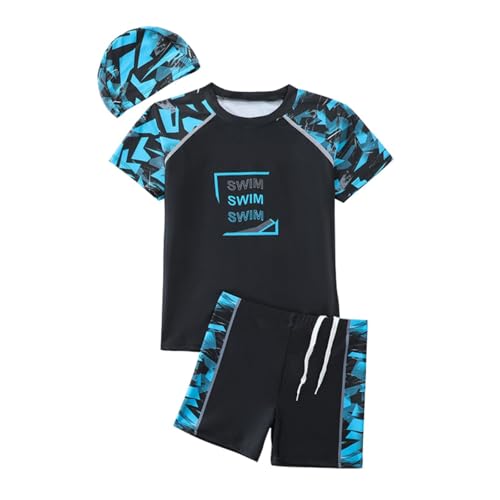 Hotfiary Jungen Schwimmen Kostüm,Große Kinder Badehose & Kurzärmeliges Rash Guard Shirt & Badekappe, Zweiteiliger Badeanzug T-Shirt Short Set, Sommer Badeanzug Bademode für 8 9 10 11 12 13 14 15 Jahre von Hotfiary