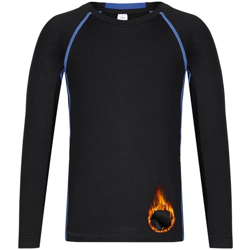 Hotfiary Kinder Fleece Thermounterwäsche, Jugend Jungen Langarm Compression Shirt Top, Winter schwarz warmes Unterhemd, Sport Base Layer Fußball Baseball Fußball Camping Ski Hose für 5-15 Jahre von Hotfiary