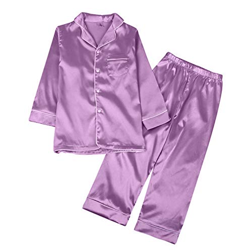 Hotfiary Kinder Seide Schlafanzüge, Mädchen Satin Pyjama Sets, Kleinkind Langarm Button-Down Pjs Set 2Pcs, Silky Lounge Sets, Kinder Lange Hose Pjs Nachtwäsche Nachtwäsche Loungewear für 4-14 Jahre von Hotfiary