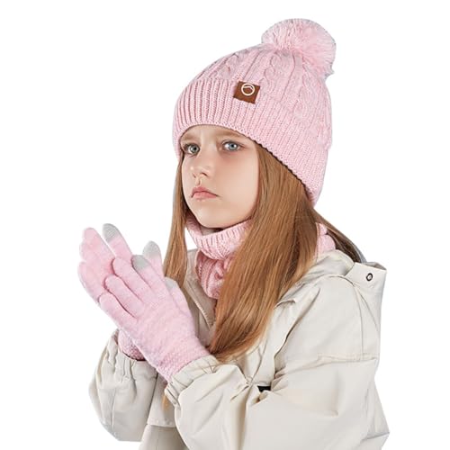 Hotfiary Kinder Wintermütze Handschuhe Schal Set, 3 Stück warmes weiches Dickes Fleecefutter Pom Pom Bommelmütze Mitten Halswärmer für Mädchen Jungen, Winter Dickes warmes Zubehör Set für 4-10 Jahre von Hotfiary