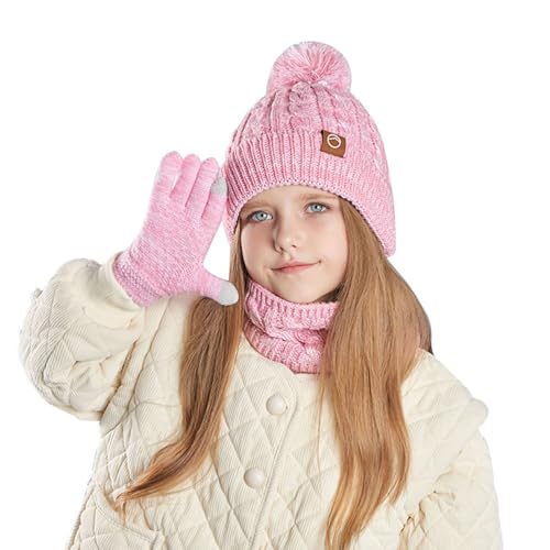 Hotfiary Kinder Wintermütze Handschuhe Schal Set, 3 Stück warmes weiches Dickes Fleecefutter Pom Pom Bommelmütze Mitten Halswärmer für Mädchen Jungen, Winter Dickes warmes Zubehör Set für 4-10 Jahre von Hotfiary