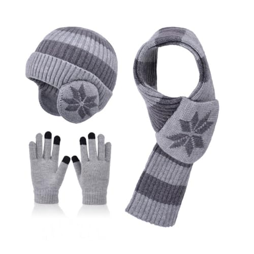 Hotfiary Kinder Wintermütze Schal Handschuhe Set, Warme Thermofleece gefütterte Beanie Mütze mit Ohrenschützern & Doppellagiger Schal & Touchscreen Handschuhe für Jungen Mädchen Kinder im Alter von Hotfiary