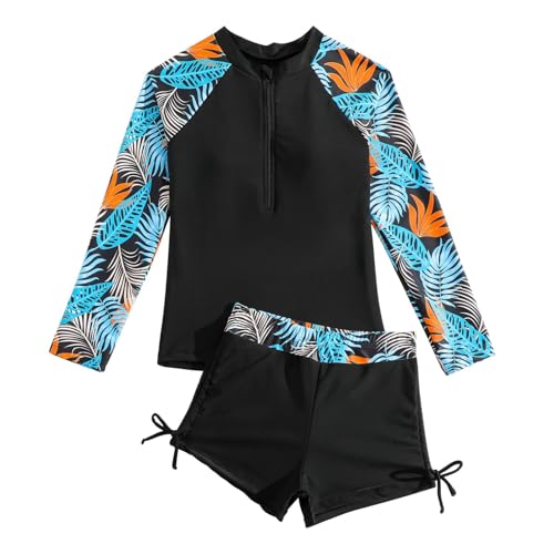 Hotfiary Mädchen Badeanzug, 2 Stück Badeanzug UPF 50+ Lange Ärmel Zip Up Rash Guard und Badeshorts Set, Sommer Kinder Bademode 8-12 Jahre, große Mädchen Strand Tankini Badekostüm Sonnenschutz von Hotfiary