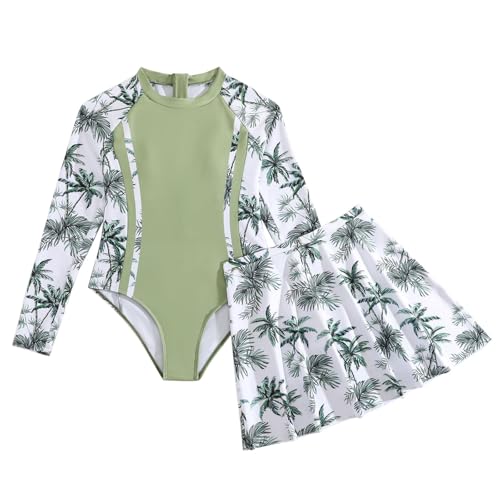 Hotfiary Mädchen EIN Stück Badeanzug mit Faltenrock, Lange Ärmel Schwimmen Kostüm Floral Tropical Leaves Print, UPF 50 + Rash Guard Badeanzug mit Reißverschluss hinten, Mädchen Bademode Strand Urlaub von Hotfiary