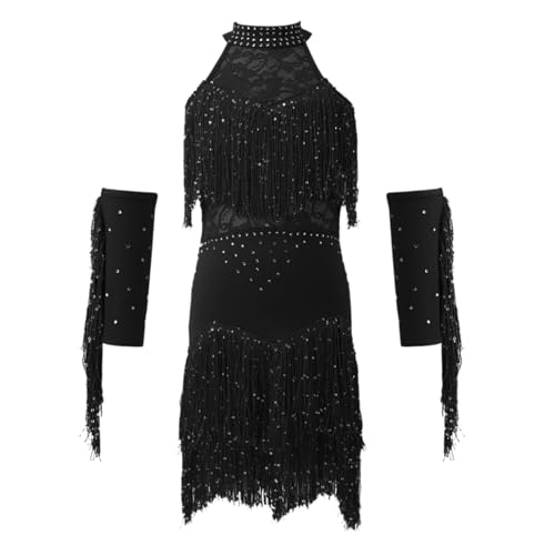 Hotfiary Mädchen Frauen Quaste Latin Dance Kleid, Glänzende Diamanten Fransen Flapper Dance Rock für Kinder Erwachsene, Glitzernde ärmellose Ballroom Karneval Performance Dancerwear für Salsa Rumba von Hotfiary