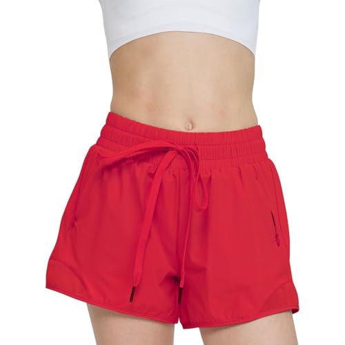 Hotfiary Mädchen Laufen Shorts mit Liner, Kinder Sommer schnell trocknen Sport Workout Shorts mit Reißverschlusstaschen, Jugend Teenager hohe Taille Gym Active Shorts mit Kordelzug für Cheer Fußball von Hotfiary