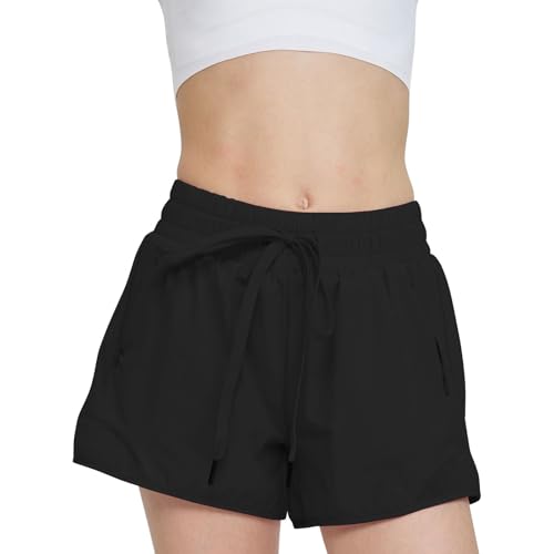 Hotfiary Mädchen Laufen Shorts mit Liner, Kinder Sommer schnell trocknen Sport Workout Shorts mit Reißverschlusstaschen, Jugend Teenager hohe Taille Gym Active Shorts mit Kordelzug für Cheer Fußball von Hotfiary