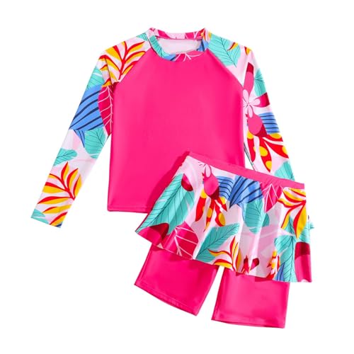 Hotfiary Mädchen Rash Guard Badeanzug, Floral Print 2-teilige Badeanzug, Lange Ärmel Swim Shirt Top und Schwimmen Rock mit Shorts Set, UPF 50 + Sommer Strand Bademode für 8 9 10 11 12 Jahre von Hotfiary