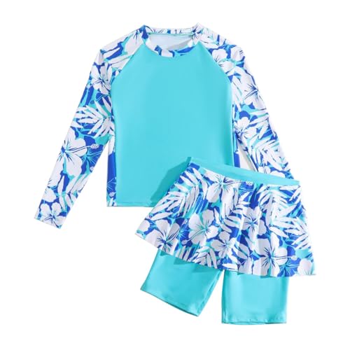 Hotfiary Mädchen Rash Guard Badeanzug, Floral Print 2-teilige Badeanzug, Lange Ärmel Swim Shirt Top und Schwimmen Rock mit Shorts Set, UPF 50 + Sommer Strand Bademode für 8 9 10 11 12 Jahre von Hotfiary