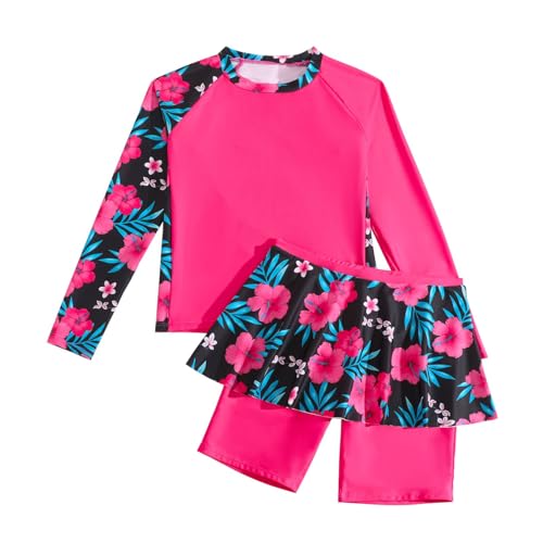 Hotfiary Mädchen Rash Guard Badeanzug, Floral Print 2-teilige Badeanzug, Lange Ärmel Swim Shirt Top und Schwimmen Rock mit Shorts Set, UPF 50 + Sommer Strand Bademode für 8 9 10 11 12 Jahre von Hotfiary