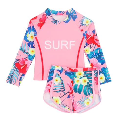 Hotfiary Mädchen Schwimmen Kostüm, Kinder zwei Stück Rash Guard Set, Kleinkind lange Ärmel Badeanzug Badeanzug Strand Shorts, UV-Schutz Sommer Surfen Hawaiian Beachwear Bademode für 3 4 5 6 7 8 9 Jahr von Hotfiary