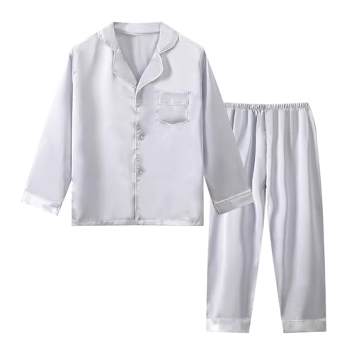 Hotfiary Seiden Pyjamas für Kinder Mädchen Jungen, Satin PJs Set Langarm Button Down Shirt + elastische Hose 2 Stück Set, Sommer Schlafanzüge Nachtgewicht Loungewear Outfits für Unisex 4-8 Jahre von Hotfiary