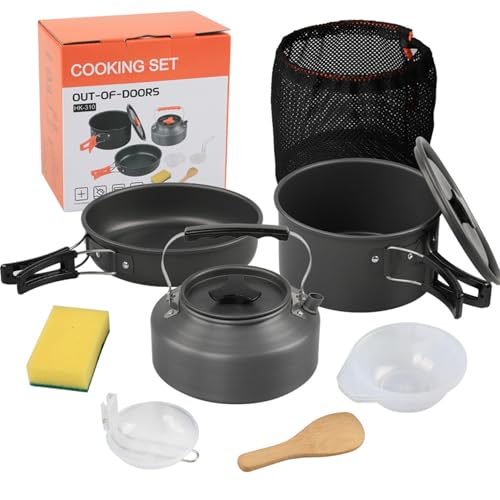 10-teiliges Camping-Kochset, antihaftbeschichtete Camping-Töpfe und -Pfannen aus Aluminiumlegierung mit Griff, tragbares stapelbares Camping-Kochgeschirr mit Netztasche für Outdoor-Camping, Wandern, P von HoveeLuty