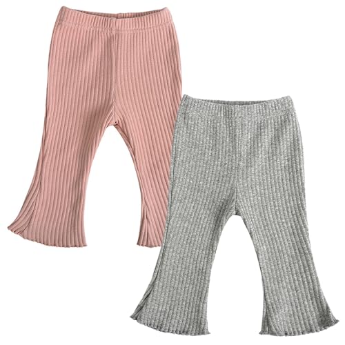 Hovershoes 2 Stück Schlaghose für Kleinkinder Babys Mädchen Gerippt Elastischer Bund Schlaghose Einfarbig gerüscht gerippte Leggings Schlaghose Hose Herbst/Winterkleidung für 3 Monate bis 3 Jahre von Hovershoes