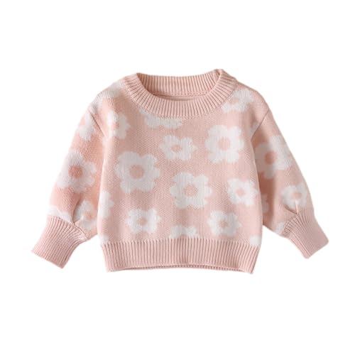 Hovershoes Baby Mädchen Strickpullover Übergroßer Strickpullover Blumenmuster Pullover Langarm Rundhalsausschnitt Strickwaren Sweatshirt Einteiler Warme Oberteile Herbst Winter Kleidung von Hovershoes