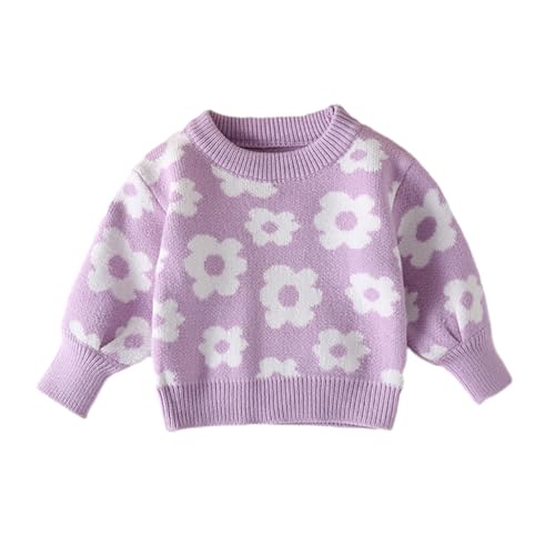 Hovershoes Baby Mädchen Strickpullover Übergroßer Strickpullover Blumenmuster Pullover Langarm Rundhalsausschnitt Strickwaren Sweatshirt Einteiler Warme Oberteile Herbst Winter Kleidung von Hovershoes