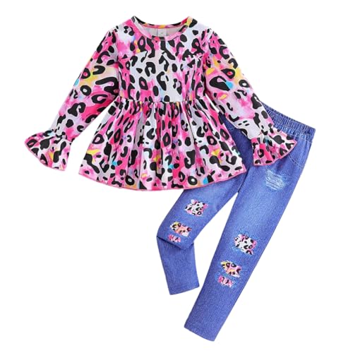 Hovershoes Kinder Outfits für Mädchen 2-teiliges Kleidungsset mit Rüschen Langen Ärmeln Herbst und Winterkleidung langärmliges Oberteil und Hose für kleine Mädchen im Alter von 4–8 Jahren von Hovershoes