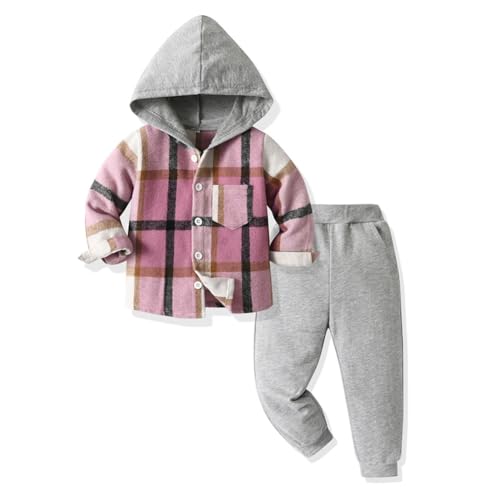 Hovershoes Kleinkind Baby Jungen Kleidung Langarm Kapuzenpullover Sweatshirt Kariert Button Down Oberteile Jogginghose Outfit Set Kinder Jungen Schulspielanzug Trainingsanzug für Frühling Herbst von Hovershoes