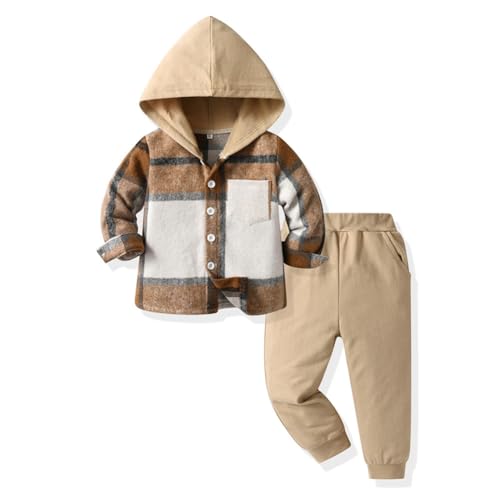 Hovershoes Kleinkind Baby Jungen Kleidung Langarm Kapuzenpullover Sweatshirt Kariert Button Down Oberteile Jogginghose Outfit Set Kinder Jungen Schulspielanzug Trainingsanzug für Frühling Herbst von Hovershoes