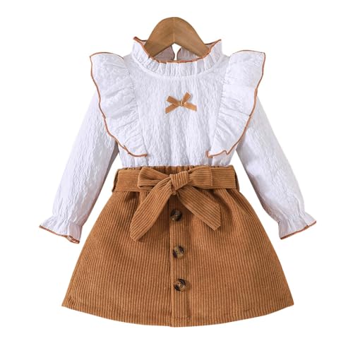 Hovershoes Kleinkind Herbst Outfits für Mädchen Lange Ärmel Ruffle Shirt Top und Minirock mit Gürtel 2 Stück Winter Kleidung Set für kleine Mädchen 18M-5Y von Hovershoes