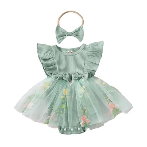 Hovershoes Stramplerkleid für Neugeborene Mädchen Rüschenärmel Overall für Kleinkinder mit besticktem Netzstoff Tüllrock Niedliche Sommerkleidung Gerippter Body mit Stirnband von Hovershoes