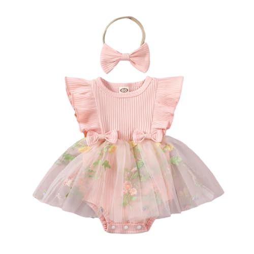 Hovershoes Stramplerkleid für Neugeborene Mädchen Rüschenärmel Overall für Kleinkinder mit besticktem Netzstoff Tüllrock Niedliche Sommerkleidung Gerippter Body mit Stirnband von Hovershoes