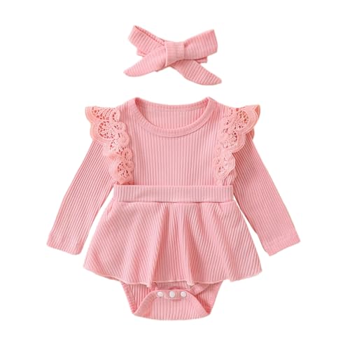 Hovershoes Süße Babykleidung für Mädchen, Geripptes Strampler Kleid mit Einfarbigem Rüschensaum Rock Body Langärmeliger Spielanzug Neugeborenen Overall aus Spitze mit Stirnbändern für 0–12 Monate von Hovershoes