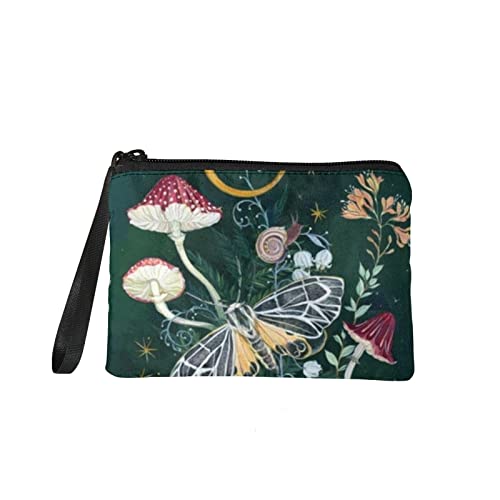 Howilath Grüne Münztasche mit Wald, Pilz, Schmetterling, Blume, Schnecke, Münztasche, Aufbewahrungstasche mit Reißverschluss von Howilath